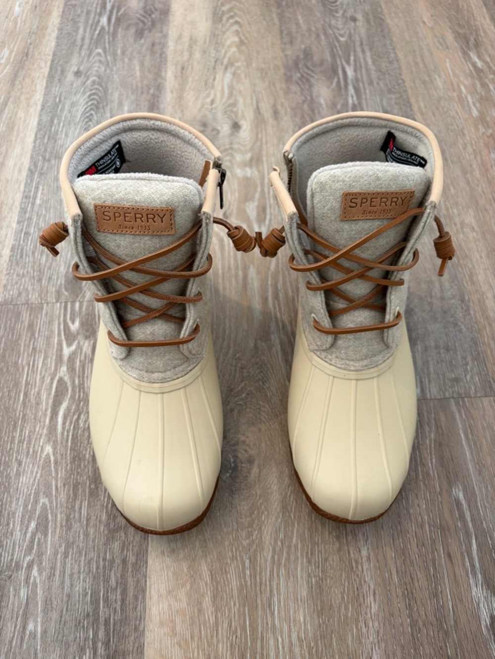 Sperry Ivory Duck Boots with Tan Accents